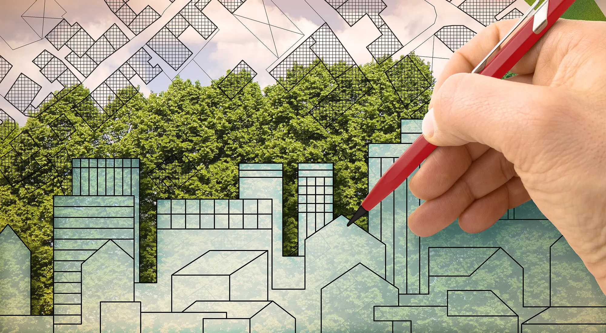 Marquardt-Projektentwicklung- Illustration mit einfachen Gebäuden und Bäumen im hintergrund Dienstleistung